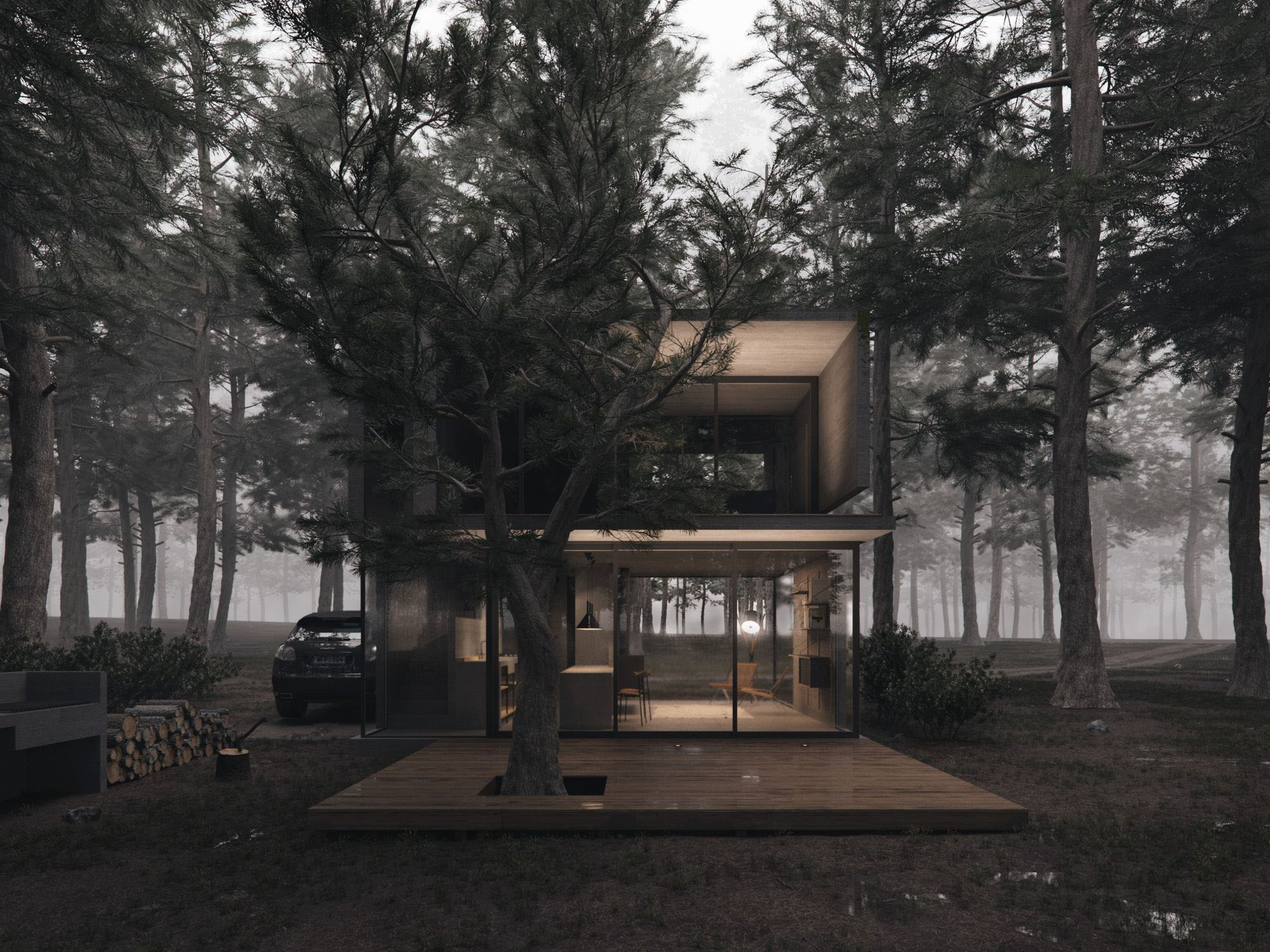 Glashaus im Wald mit Terrasse