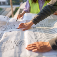 Gesamtkoordination Offner Bauplan mit zwei Personen in gelben Sicherheitswesten welche darauf zeigen