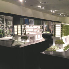 3D Modelle 3D Baumodelle moderner Häuser mit Bäume, Grass und Moos in einer Austellung mit Bildern der Häuser an der Wand